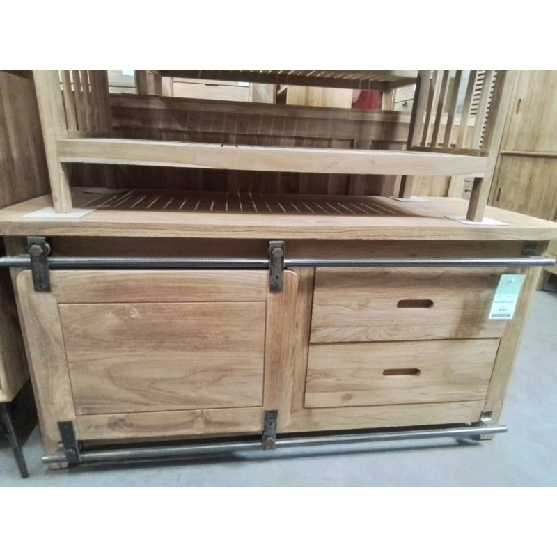 CANIND06-MEUBLE TECK 2 TIROIRS + PORTE COULISSANTE 120/60/HT48 CM