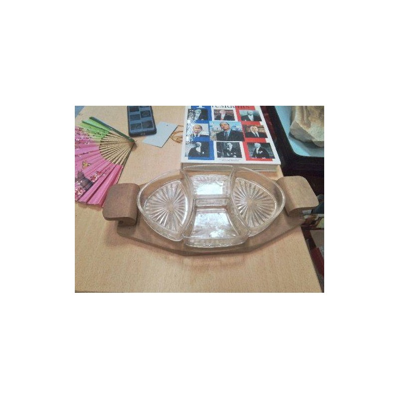 SERVITEUR VINTAGE 4 COMPARTIMENTS VERRE ET PLATEAU BOIS