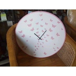 PENDULE METAL BLANC ROSE DECOR PAPILLONS ETAT OK
