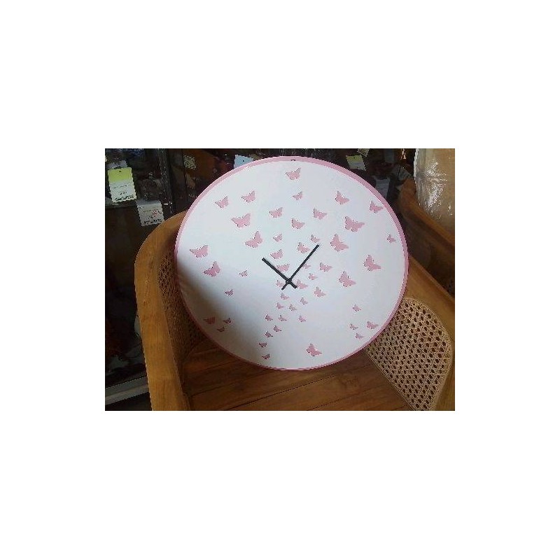 PENDULE METAL BLANC ROSE DECOR PAPILLONS ETAT OK