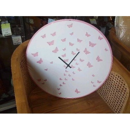 PENDULE METAL BLANC ROSE DECOR PAPILLONS ETAT OK