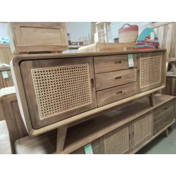 DN206-BUFFET TECK RETRO ROTIN 2 PORTES 3 TIROIRS 150/45/65 CM