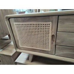 DN206-BUFFET TECK RETRO ROTIN 2 PORTES 3 TIROIRS 150/45/65 CM