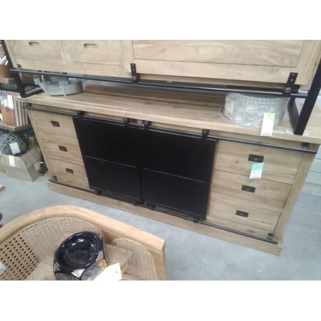 12/ME602-BUFFET TECK 2*3 TIROIRS PORTES METAL 200*50*HT 90 CM