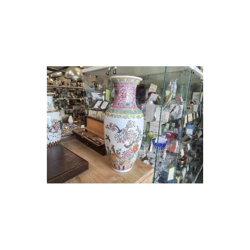 VASE CHINOIS LES OISEAUX COL FLEURS ROSES 