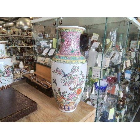 VASE CHINOIS LES OISEAUX COL FLEURS ROSES 