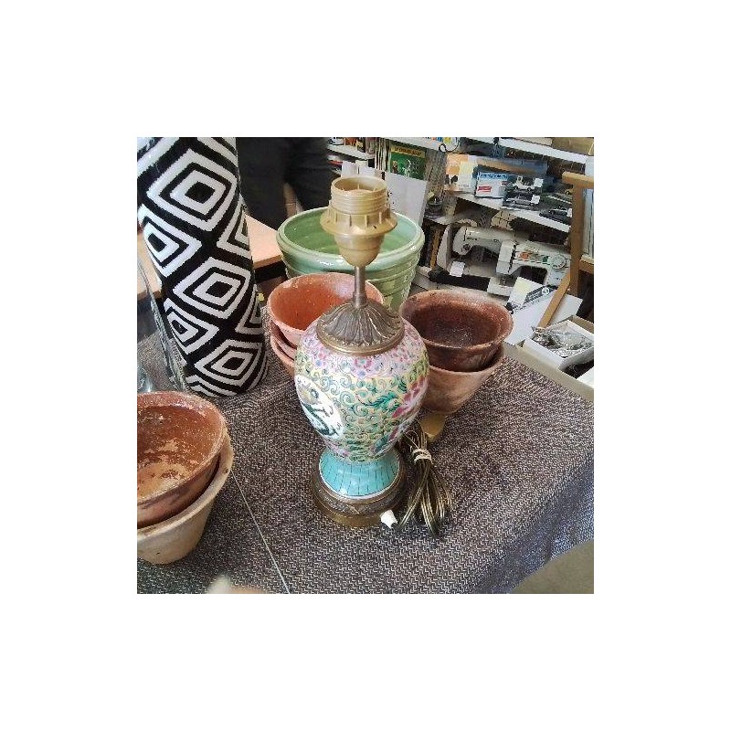 LAMPE ANCIENNE CLOISONNÉE ASIE PIED LAITON TESTÉE OK