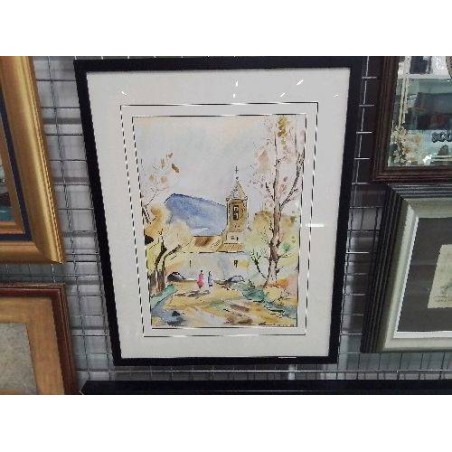 PEINTURE EGLISE EN AUTOMNE ENCADREMENT NOIR