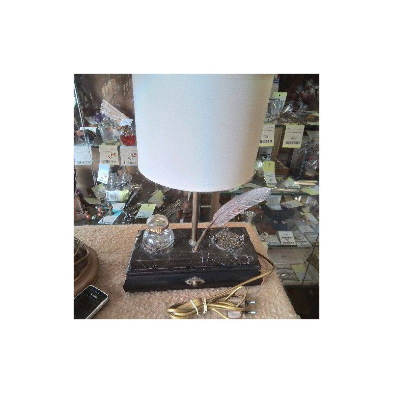 LAMPE ANCIENNE SOCLE MARBRE ECRITOIRE A TIROIR AVEC ENCRIER PLUME