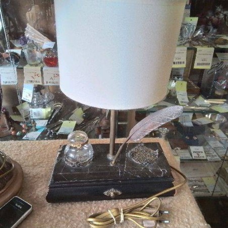 LAMPE ANCIENNE SOCLE MARBRE ECRITOIRE A TIROIR AVEC ENCRIER PLUME