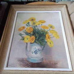 PEINTURE SUR TOILE BOUQUET JAUNE BROC SIGNEE GZECK ENCADREE