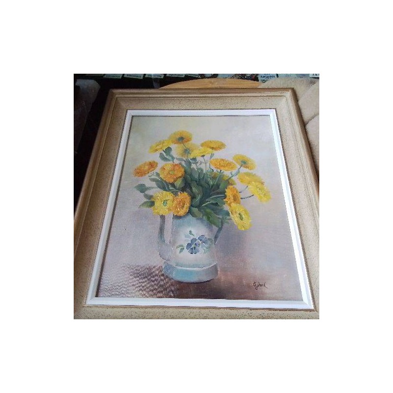 PEINTURE SUR TOILE BOUQUET JAUNE BROC SIGNEE GZECK ENCADREE
