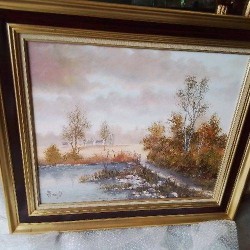 PEINTURE ENCADREE PAYSAGE CAMPAGNE ETANG SIGNEE HERAULT