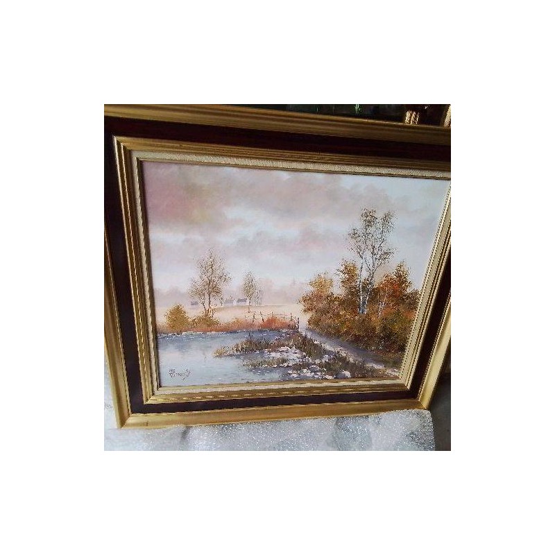 PEINTURE ENCADREE PAYSAGE CAMPAGNE ETANG SIGNEE HERAULT