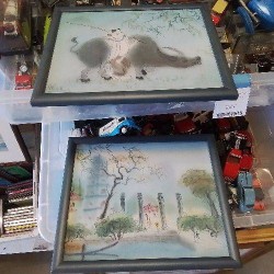 PEINTURE ASIE TOUR BLEU SUR SOIE