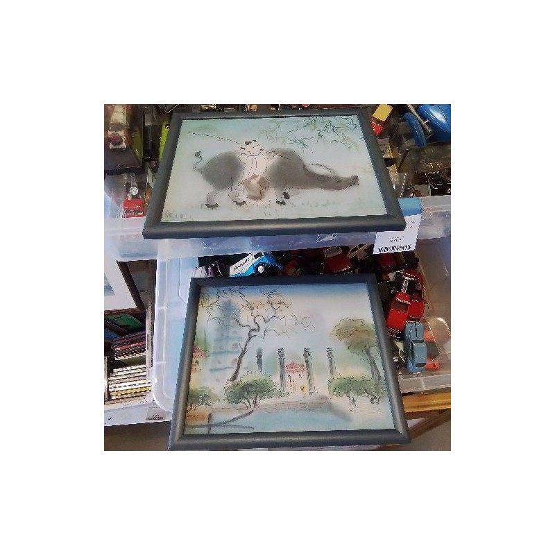 PEINTURE ASIE TOUR BLEU SUR SOIE