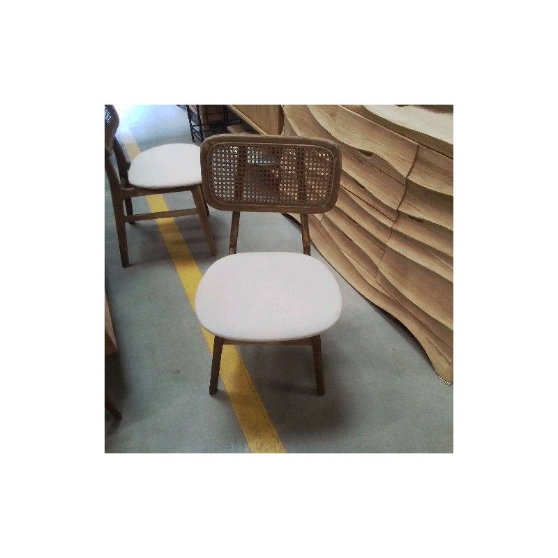 CHAISE BOIS CANNEE ASSISE TISSU ECRU