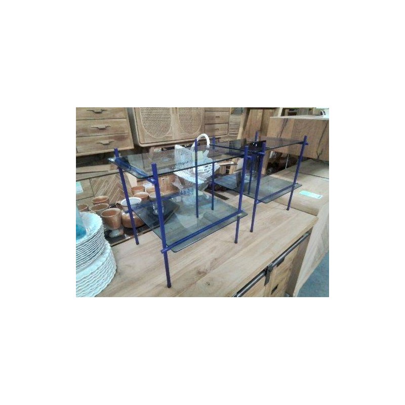 TABLE DE CHEVET D APPOINT HUBSCH METAL BLEU ET VERRE