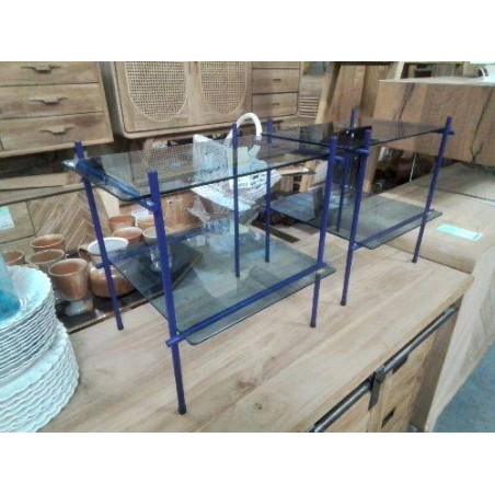 TABLE DE CHEVET D APPOINT HUBSCH METAL BLEU ET VERRE