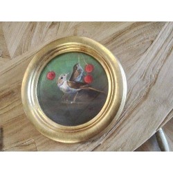 CADRE ROND DORÉ  PEINTURE OISEAUX CERISES