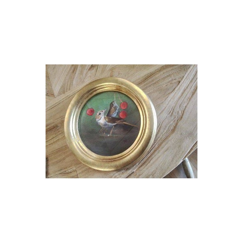 CADRE ROND DORÉ  PEINTURE OISEAUX CERISES