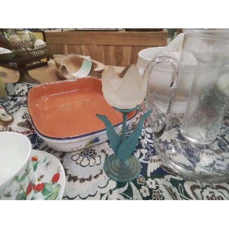 BOUGEOIR TULIPE METAL TURQUOISE ET VERRE VINTAGE EN L ETAT