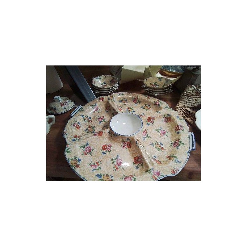 PLAT DE SERVICE VINTAGE LIMOGES JAUNE FLEURI ET 8 COUPELLES