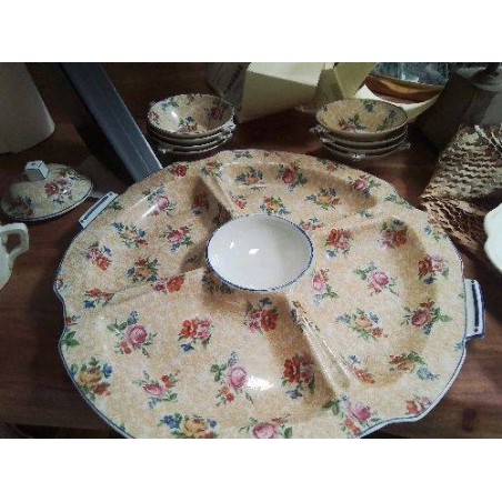 PLAT DE SERVICE VINTAGE LIMOGES JAUNE FLEURI ET 8 COUPELLES