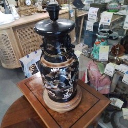 PIED DE LAMPE MOTIF OISEAUX NOIR BEIGE ASIATIQUE 