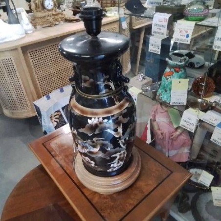 PIED DE LAMPE MOTIF OISEAUX NOIR BEIGE ASIATIQUE 