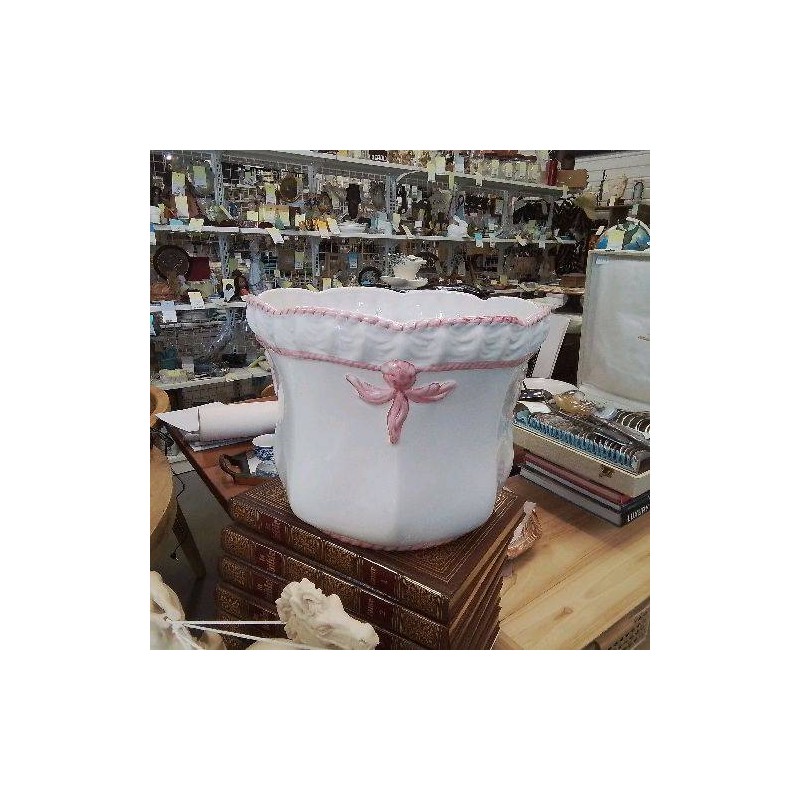 CACHE POT FAIENCE BLANC DECOR ROSE