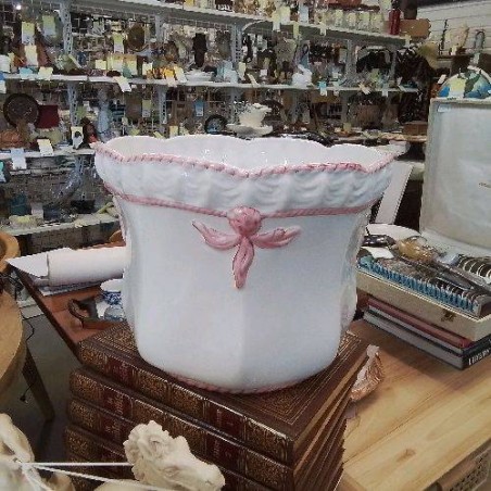 CACHE POT FAIENCE BLANC DECOR ROSE