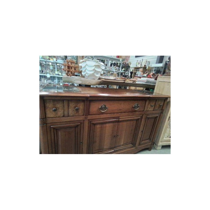 BUFFET MERISIER PLATEAU LOUPE MARBRE NOIR 4 PORTES 3 TIROIRS CLE A 8
