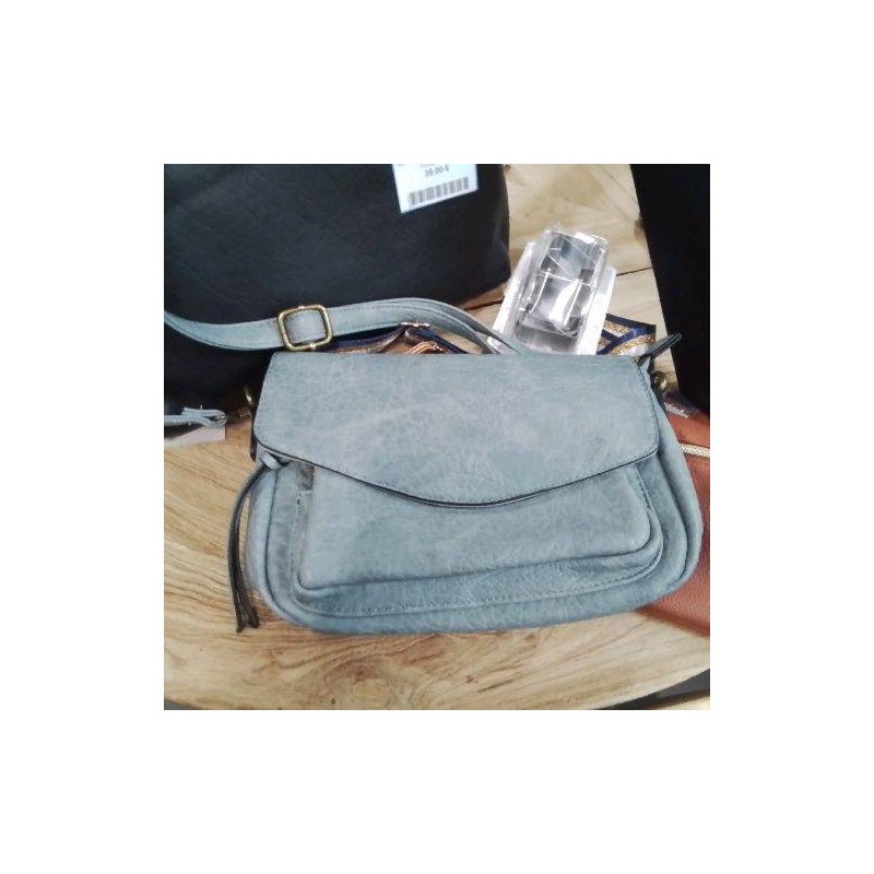SAC BANDOULIERE CUIR VERT GRIS MANDOLINE ETAT NEUF 