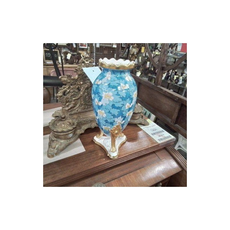 VASE BLEU DORÉ FLEURS 3 PIEDS SOCLE PERLAM FRANCE 