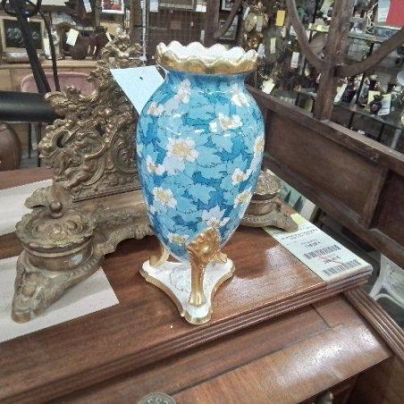 VASE BLEU DORÉ FLEURS 3 PIEDS SOCLE PERLAM FRANCE 