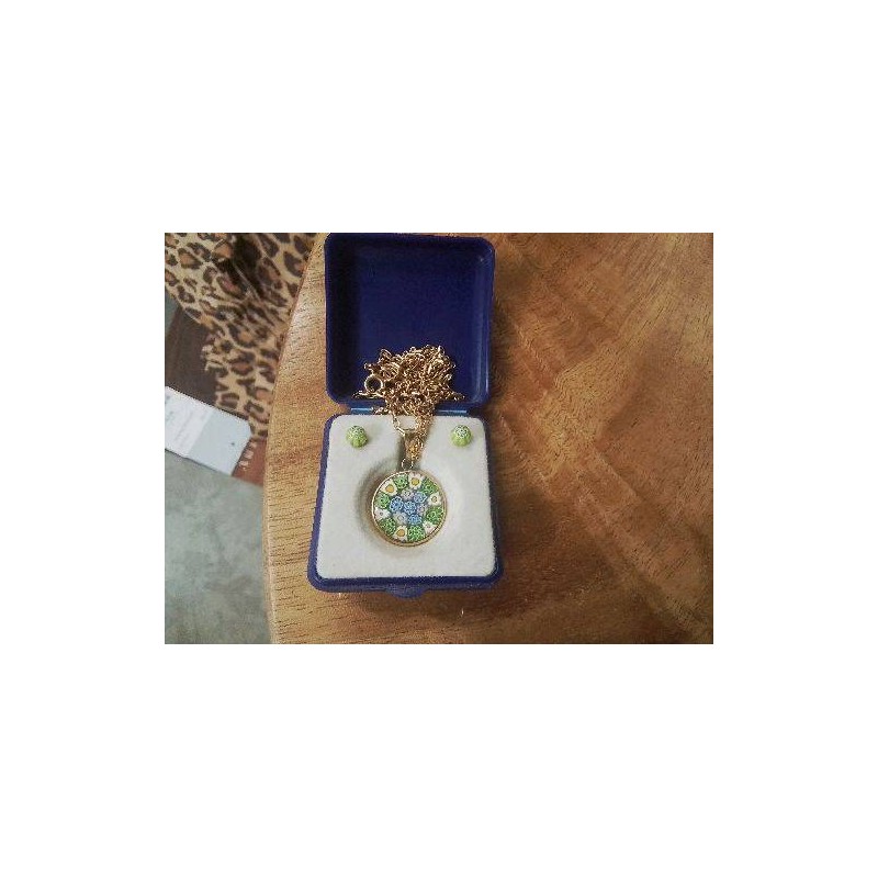 PARURE MURANO PENDENTIF CHAINE DOREE BOUCLES D OREILLES