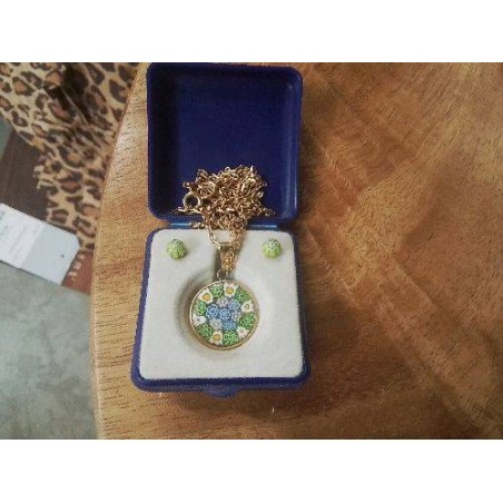 PARURE MURANO PENDENTIF CHAINE DOREE BOUCLES D OREILLES