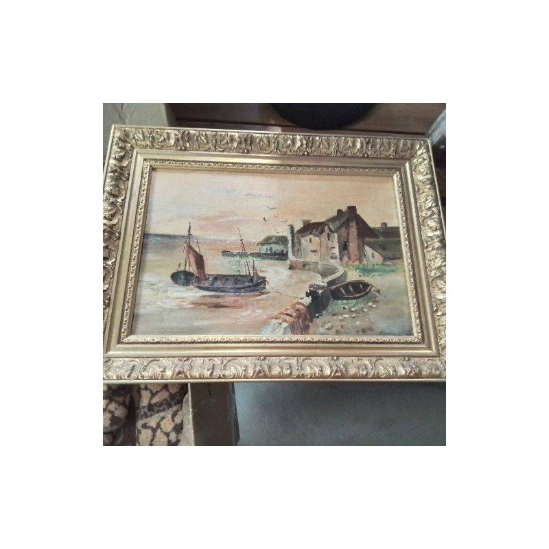 CADRE DORÉ PEINTURE PORT PÊCHE 