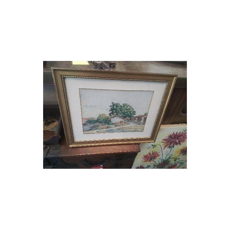 AQUARELLE MAISONS PAYSAGE CADRE DORÉ J ED CANTE 