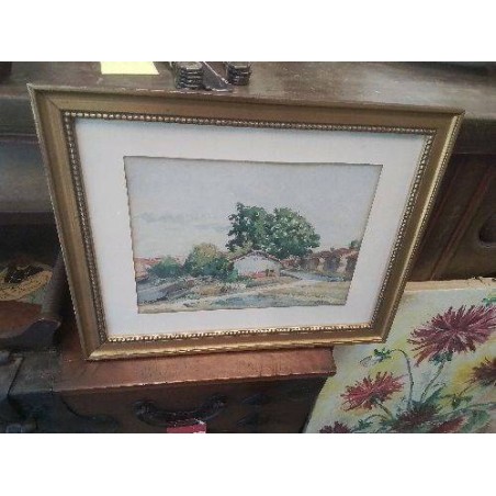 AQUARELLE MAISONS PAYSAGE CADRE DORÉ J ED CANTE 