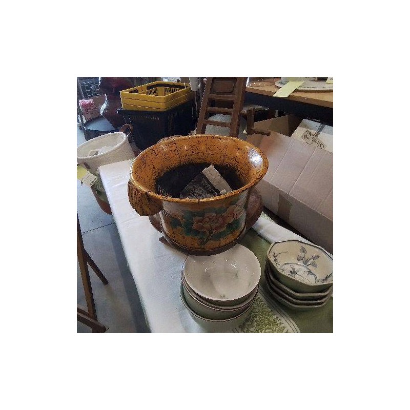 CACHE POT BOIS JAUNE FLEURS ANC