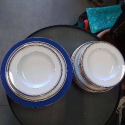 ENS ASSIETTES PORCELAINE BLANCHE DECOR BLEU DORE LINEN FLEURY BLEU DE FRANCE