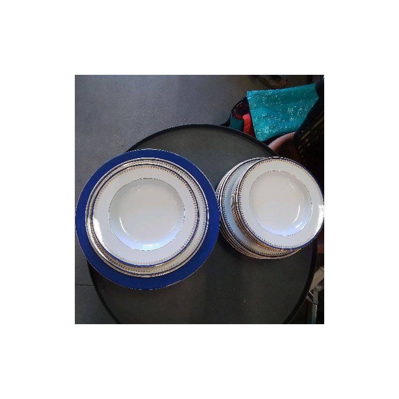 ENS ASSIETTES PORCELAINE BLANCHE DECOR BLEU DORE LINEN FLEURY BLEU DE FRANCE