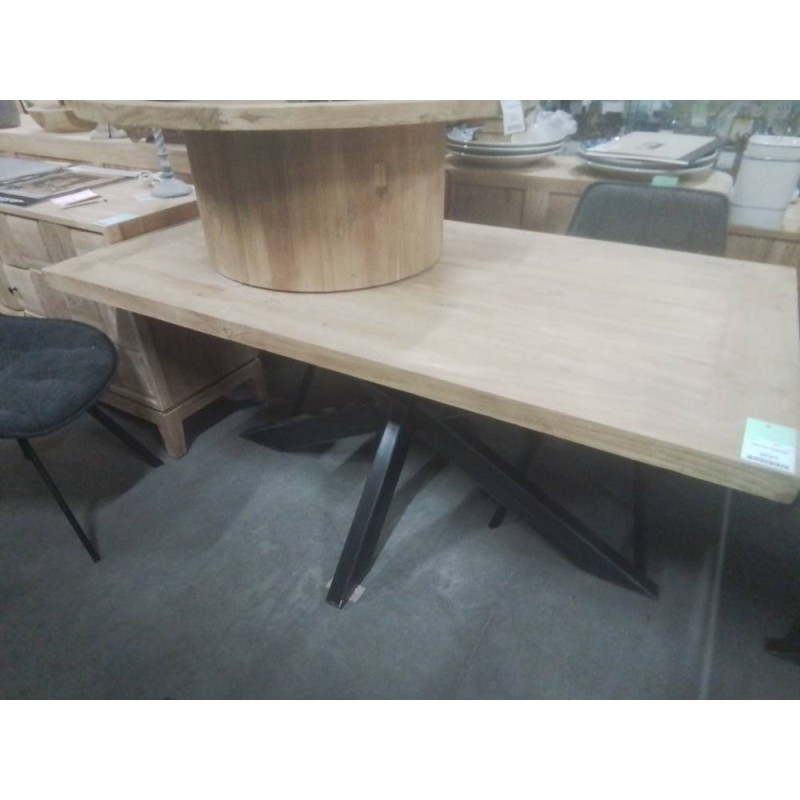 8/TAB01-TABLE TECK PIED METAL 160*85*77CM - PLATEAU 5 CM