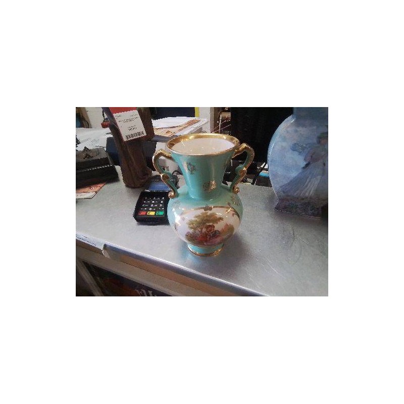 VASE ROMANTIQUE VERT DORÉ 2 ANSES 