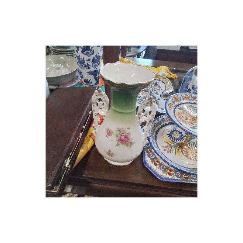 VASE 2 ANSES VERT DÉCOR FLEURS LIMOGES