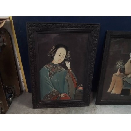 CADRE ANC ASIATIQUE PEINTURE INVERSEE SUR VERRE 