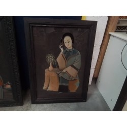 CADRE ANC ASIATIQUE PEINTURE INVERSEE SUR VERRE 