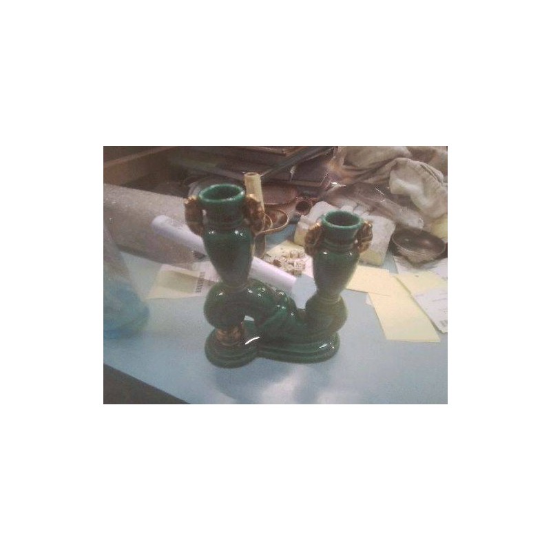 BOUGEOIR DOUBLE CERAMIQUE VERT ST ART DECO